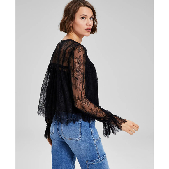 And Now This Women's Medium Black Lace V-Neck Button-Front Cropped Top NWT - Picture 3 of 7